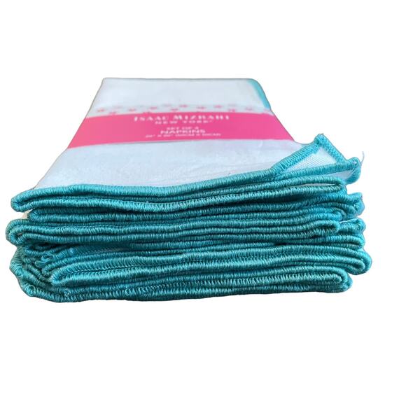 Isaac Mizrahi Spring Cotton Cloth Napkins 20x20 Embroidered Turquoise White NEW - Picture 3 of 8